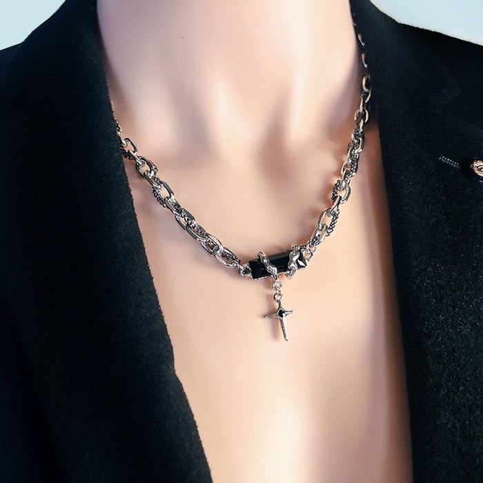 Wholesale Design a niche black gemstone men's hip-hop wrapped necklace, stylish and versatile high street high-end collarbone chain