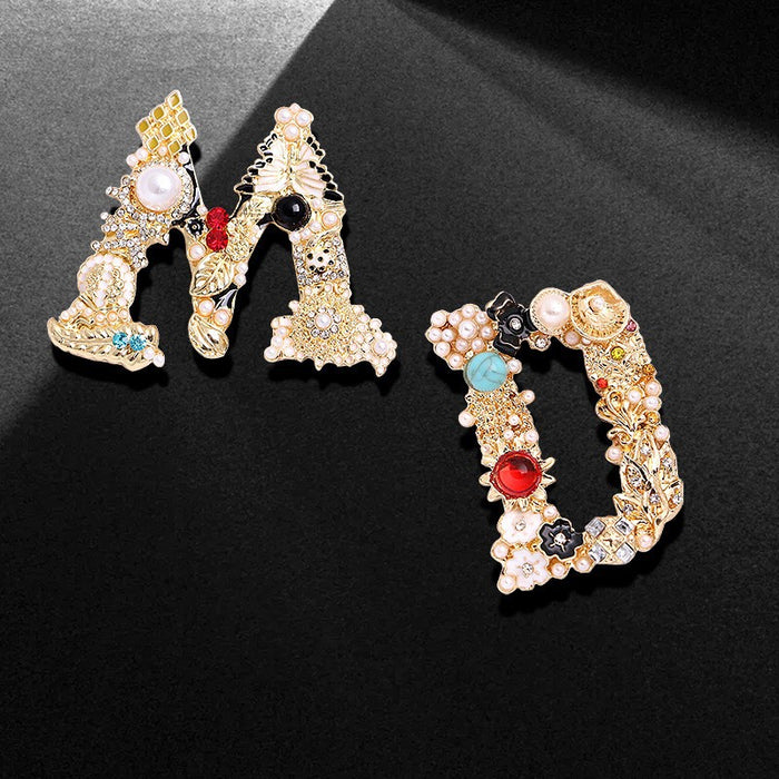 Wholesale Rhinestone letter brooch with diamond and pearl buckle,  dress coat pin to decorate shoes and bags