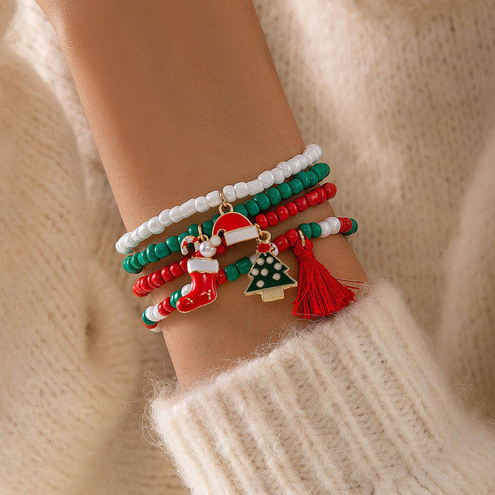 Wholesale Christmas Cute Bells Santa Reindeer Snowman Pendant Red Rope Bracelet Fashion Accessory Gift MOQ≥2