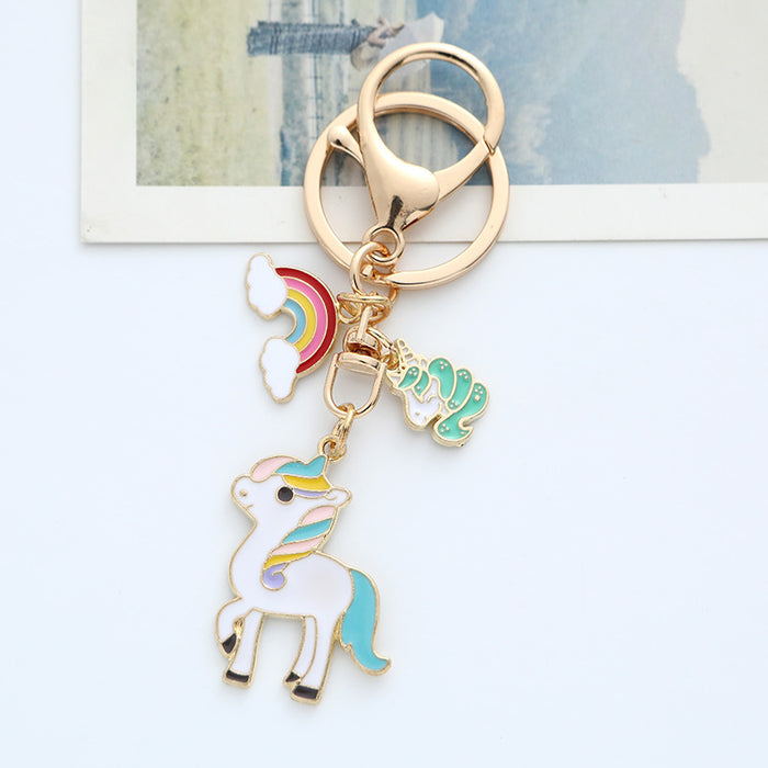Wholesale Cartoon Rainbow Unicorn Keychain Pendant Dripping Oil Alloy Pony Car KeyChain