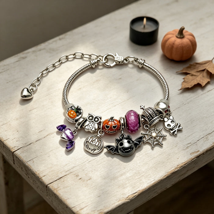 Wholesale Unisex Retro  Pumpkin Bat Owl Skull Pendant Beaded Bracelet Alloy Jewelry Accessory For Party