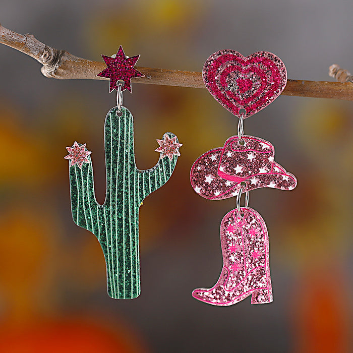Wholesale Western Style Cactus Denim Hat Boots Sequin Acrylic Pendant Earrings Asymmetric Earrings