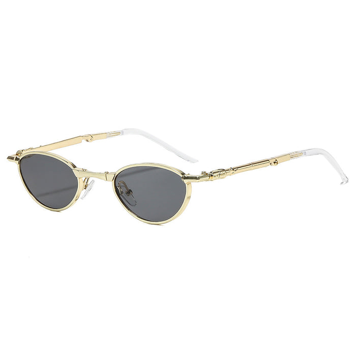 Wholesale Foldable Metal Oval Sunglasses with Rhinestones UV400 Gold Frame Gray Lens for Resale