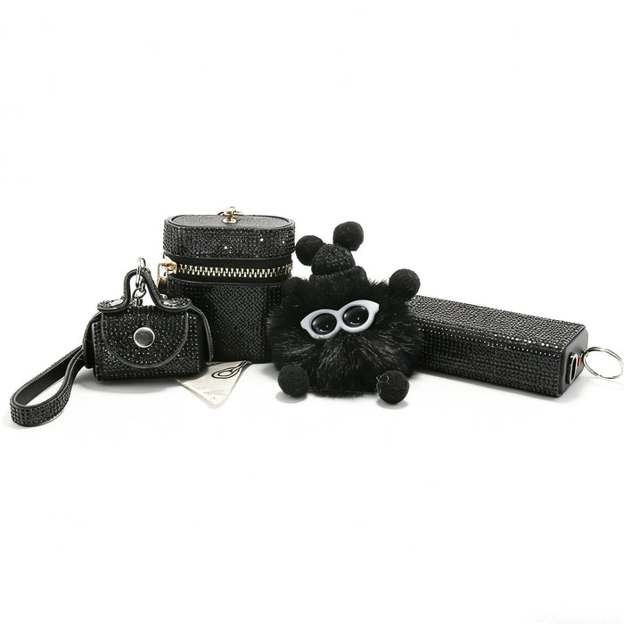 Wholesale European Style 4 Piece Rhinestone Keychain Set With Plush Pendant Coin Purse Earbud Bag White Decorative Charms For Everyday Resale