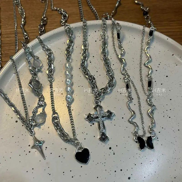 Wholesale Black necklace with butterfly and cross design,  hip-hop style.