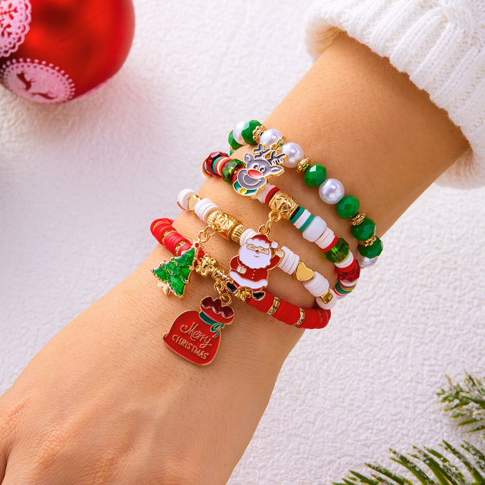 Wholesale Christmas jewelry  elk bell crystal pearl pull-out braided bracelet stacking set