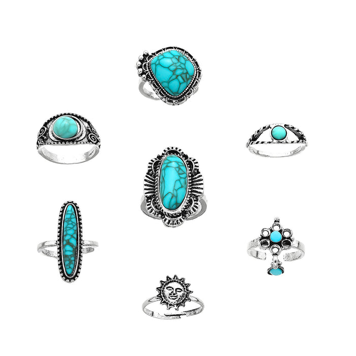 Wholesale retro personality turquoise 7 suit ring set