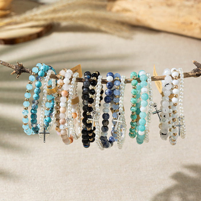 Wholesale Bohemian Color Stone Bracelet Cross Pendant Multi-Layer Stacked Bracelet