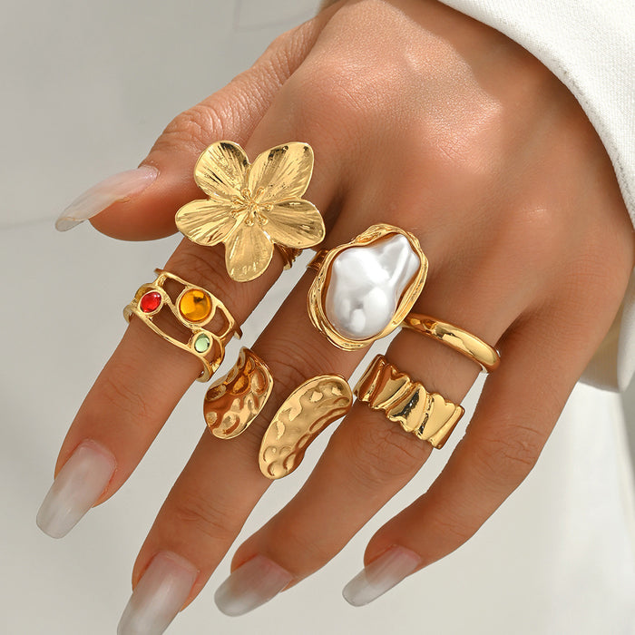 Wholesale Geometric Ring Set Niche Floral Inlaid Pearl Design Open Index Finger Ring
