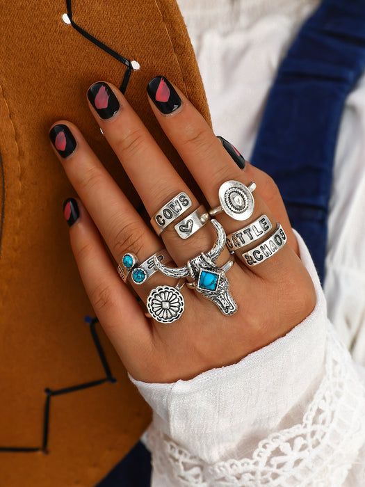 Wholesale Retro Bohemian turquoise cactus carved multi-piece suit ring
