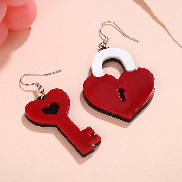 Wholesale Heart Key Earrings Handmade Cute Romantic Big Red Heart-Shaped Valentine' s Day Acrylic Earrings