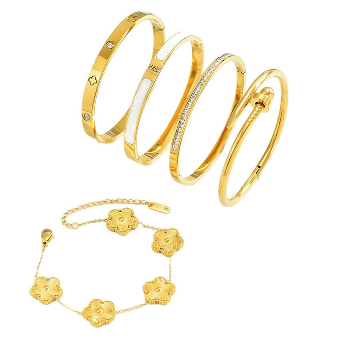 Wholesale Stainless Steel Gold Bangle Set With Rhinestones Chic Four Leaf Clover Design Fashion Jewelry Accessory
