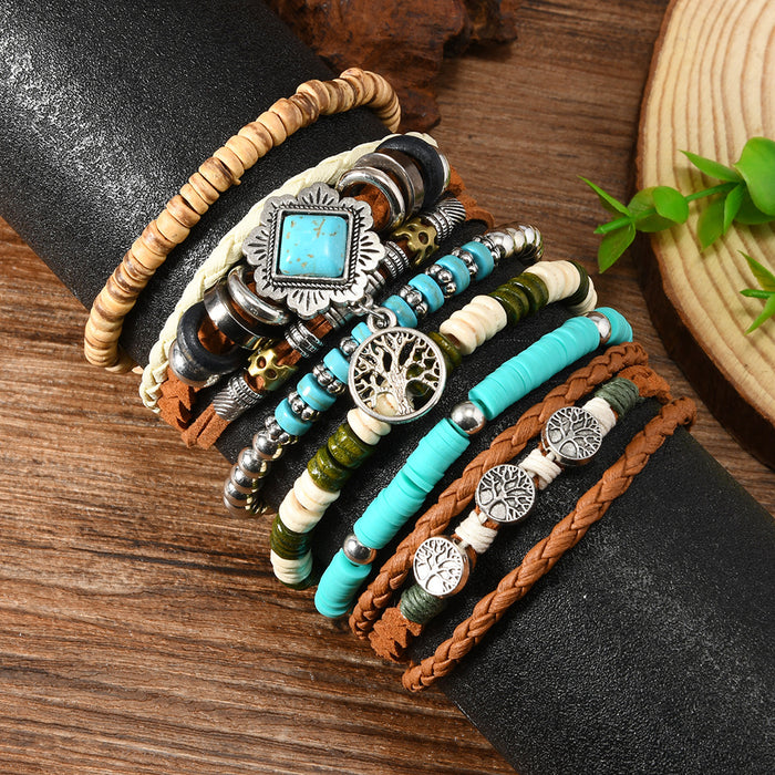 Wholesale Women's Multi layer Beaded Turquoise 6-piece Bracelet New Fashionable Retro Life Tree Jewelry