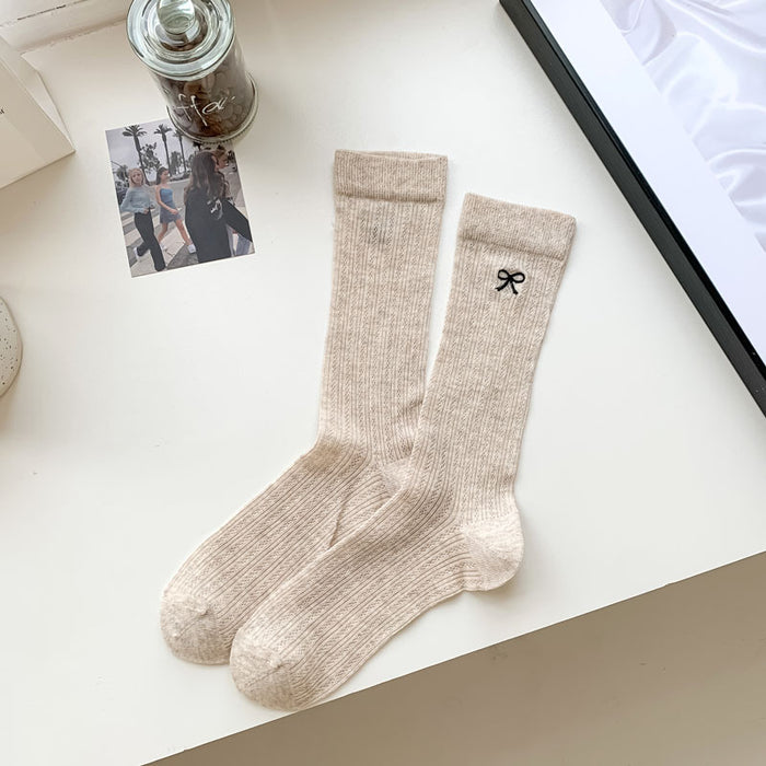 Wholesale Long socks for summer, sweat absorbing, breathable, mesh, thin design, bow embroidery, mid tube stacking socks