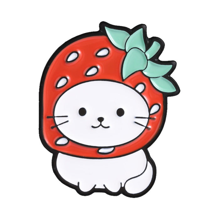 Wholesale Cute Cat Strawberry Fruit Metal Brooch Pin For Girls Holiday Gift