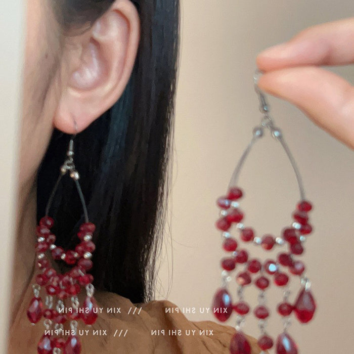Wholesale Vintage beaded tassel earrings, niche, atmospheric, fashionable, exaggerated earrings, long earrings for women