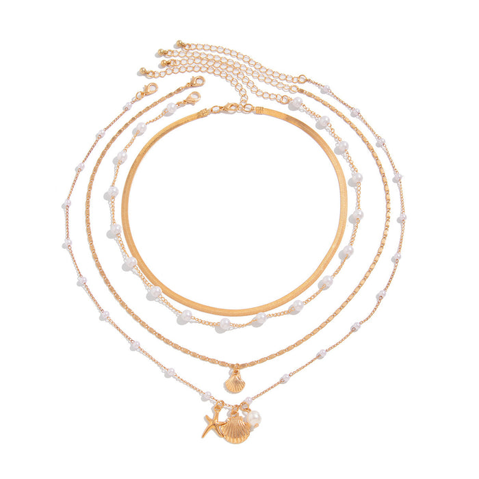 Wholesale Multi layer imitation pearl necklace set retro bead collarbone chain shell pendant