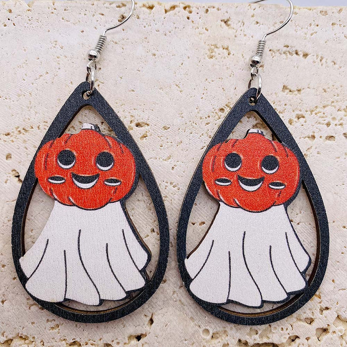 Wholesale Wooden Earrings Ghost Pumpkin Printed Pendant Earrings New  Wooden Earrings