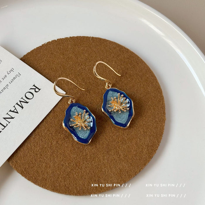 Wholesale Retro irregular blue flower earrings with oil painting feeling, floral bud high-end feeling, earrings for women