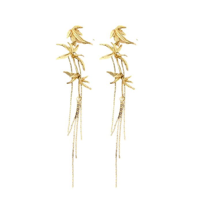 Wholesale Silver needle bamboo leaf tassel earrings new Chinese style fashion temperament niche cold style earrings light luxury high-end earrings for women