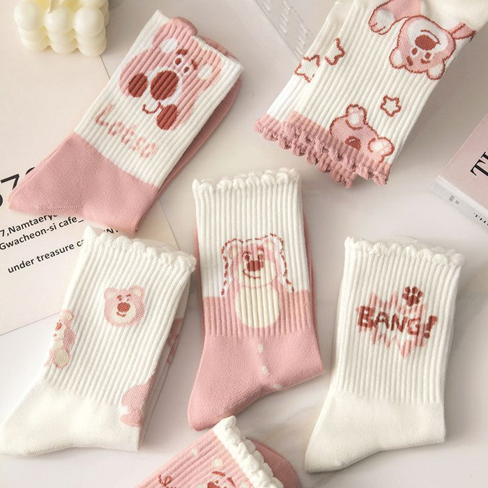 Wholesale Pink Socks Women's Mid-barrel All-match Autumn and Winter Cute Bear Sweet All-match Student Sports Stockings