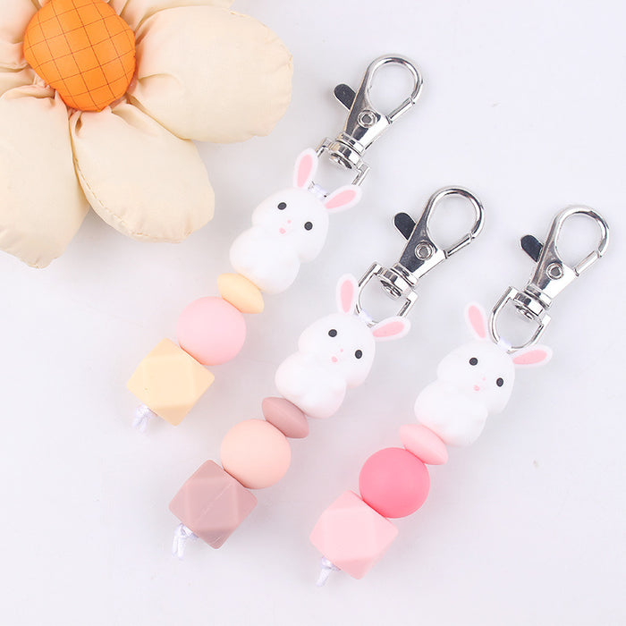 Wholesale Santa Cartoon 3D Little White Rabbit Silicone Bead Keychain JDC-KC-GuangTian034