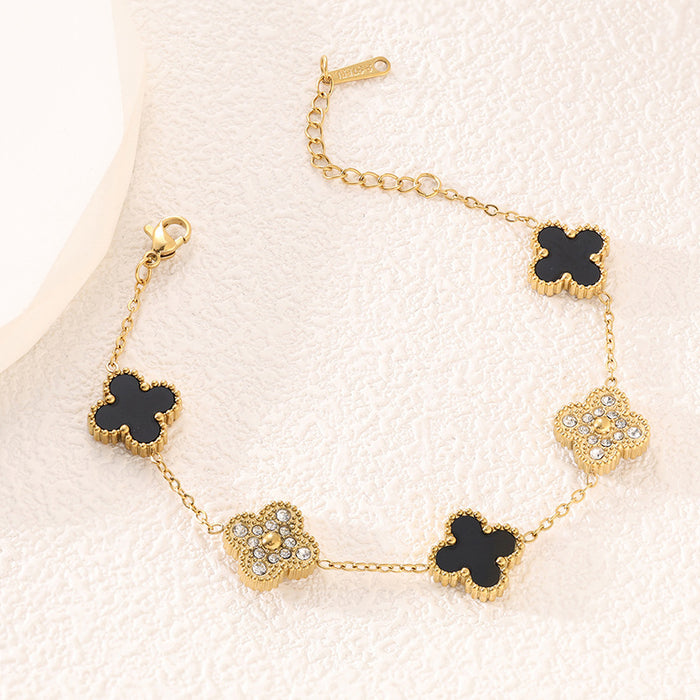 Wholesale Four leaf clover light luxury design double-sided five flower bracelet with diamond inlaid and flower titanium steel
