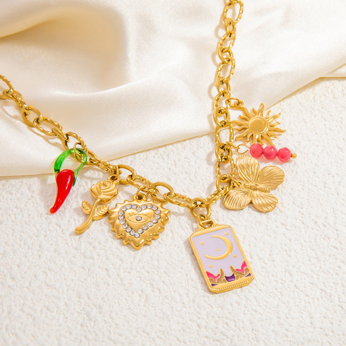 Wholesale Stainless steel necklace moon heart butterfly square brand personality red pepper rose mix clavicle chain