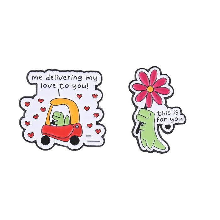 Wholesale Me Delivering My Love Cute Dinosaur Brooch Flowers Design Zinc Alloy Pin