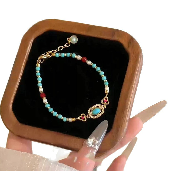 Wholesale Antique Imitation Turquoise Beaded Bracelet Stacked Metal Flower Bracelet Versatile Temperament Fashion Jewelry for Women