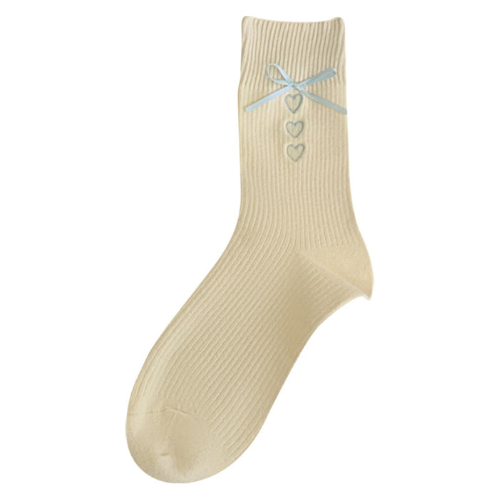 Wholesale Embroidered heart-shaped tube socks with blue ribbon and bow, stacked socks