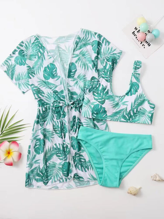 Wholesale Children's split swimsuit with waist cinching, sun protection print, girls' swimsuit
