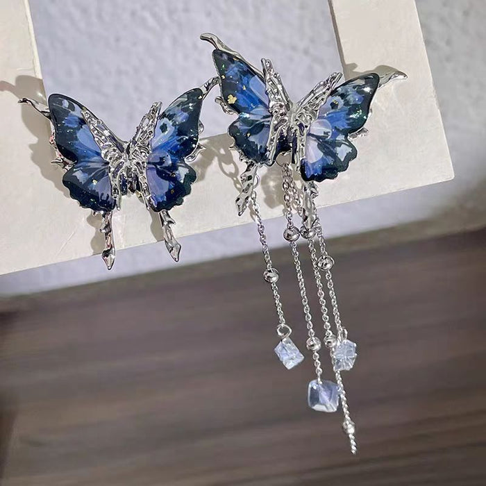 Wholesale Light luxury temperament, blue starry sky shining butterfly earrings, retro high-end feeling, crystal tassel asymmetrical exaggerated earrings