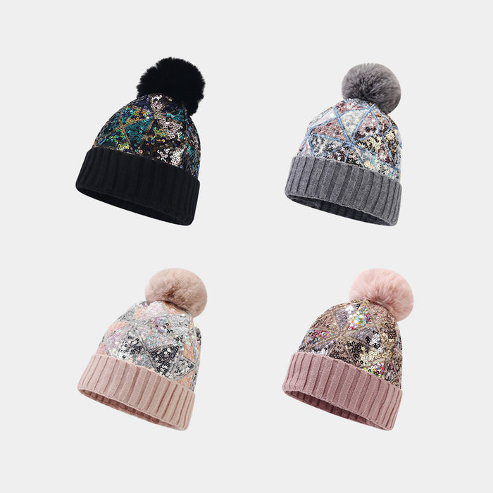 Wholesale Acrylic Colorful Sequins Thick Warm Wool Ball Ear Protection Knitted Hat JDC-FH-LvYi049