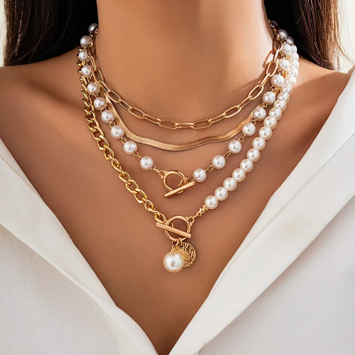 Wholesale Long beaded chain necklace with stacked pearl OT buckle waist chain
