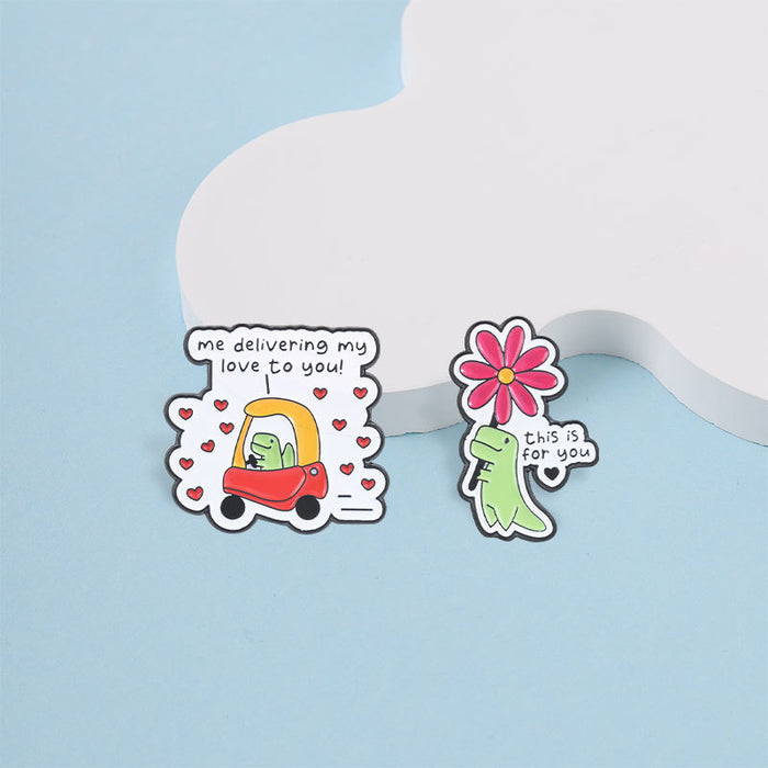 Wholesale Me Delivering My Love Cute Dinosaur Brooch Flowers Design Zinc Alloy Pin