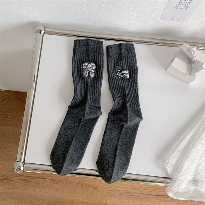 Wholesale Pile up socks, bow embroidery, mid length socks, embroidered cotton socks