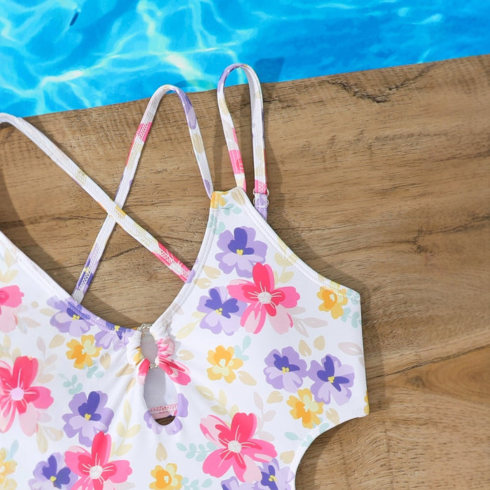 Wholesale Girls' one-piece swimsuit, children's one-piece shoulder strap, cross suspender, hollowed out floral swimsuit