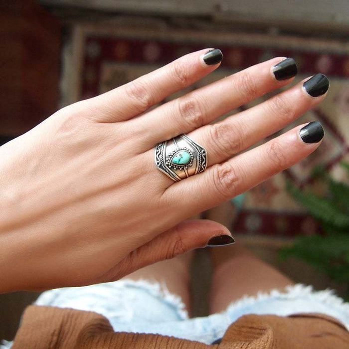 Wholesale Vintage turquoise irregular ring, personalized droplet shaped exaggerated accessory