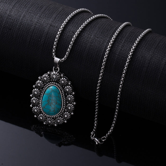 Wholesale Retro Western style natural turquoise necklace,  retro versatile titanium steel chain,  ethnic accessories
