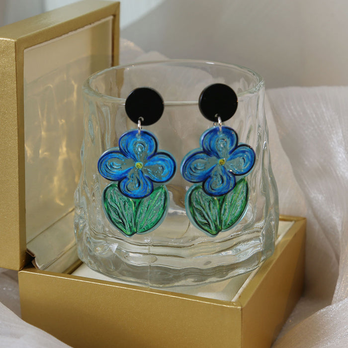 Wholesale Summer Oil Painting Blue Flower Earrings Mori Style Graffiti Acrylic Earrings