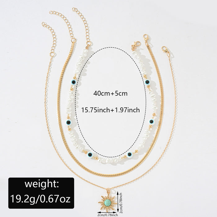 Wholesale Trendy retro octagonal star pendant necklace, layered with a high-end feel, Devil's Eye imitation pearl jewelry