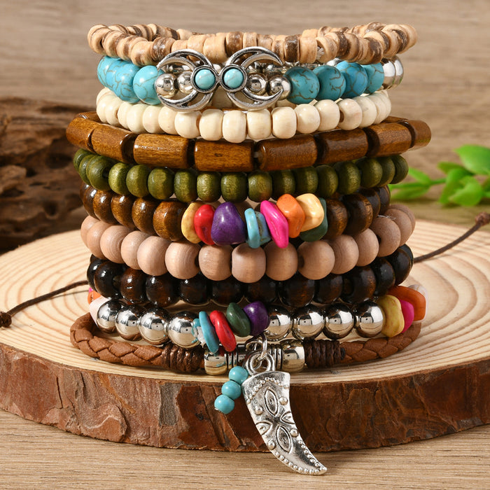Wholesale Bohemian style nut shell wood beaded elastic thread multi-piece bracelet set