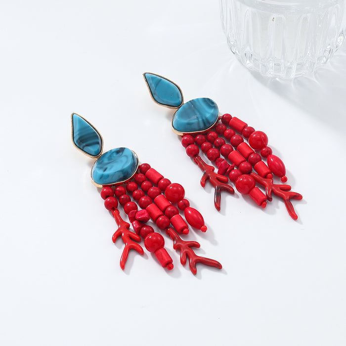 Wholesale Red Branch Tassel Multi-Layer Turquoise Earrings Resort Style Earrings