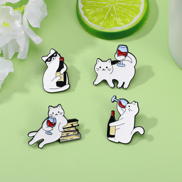 Wholesale Cartoon White Cat Brooch Cat Red Wine Cute Schoolbag Accessory Clothes Decoration Zinc Alloy Badge