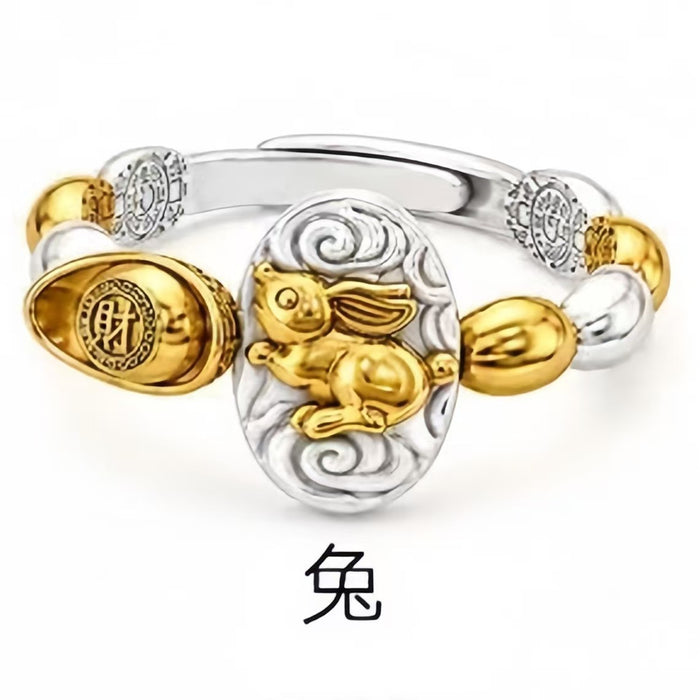 Wholesale Chinese Zodiac Rat Adjustable Open Ring Seven Grain Retro Gold Plated Copper Unisex Jewelry Boutique Resale Gift