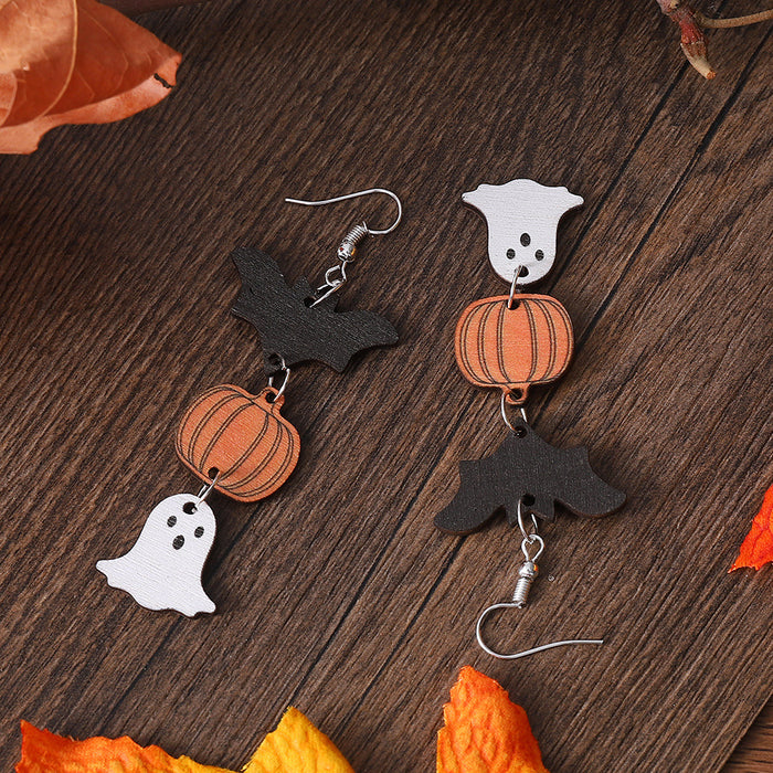 Wholesale  ghost pumpkin bat earrings female personality earrings double-sided wooden earrings earrings