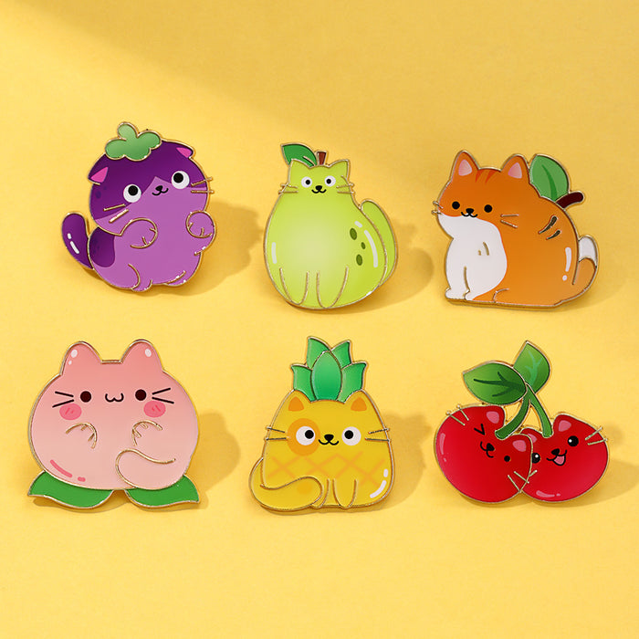Wholesale Cartoon cute cat badge creative fruit cherry animal badge metal brooch clothing bag jewelry accessories