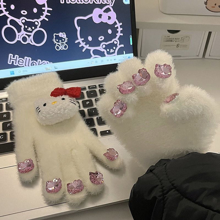 Wholesale Cute Diamond Gloves women' s winter warm glutinous  plush gloves thickened warm student Five Finger Set