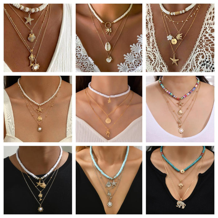 Wholesale Zinc Alloy Layered Necklace with nut Tree Starfish Flower Pendant